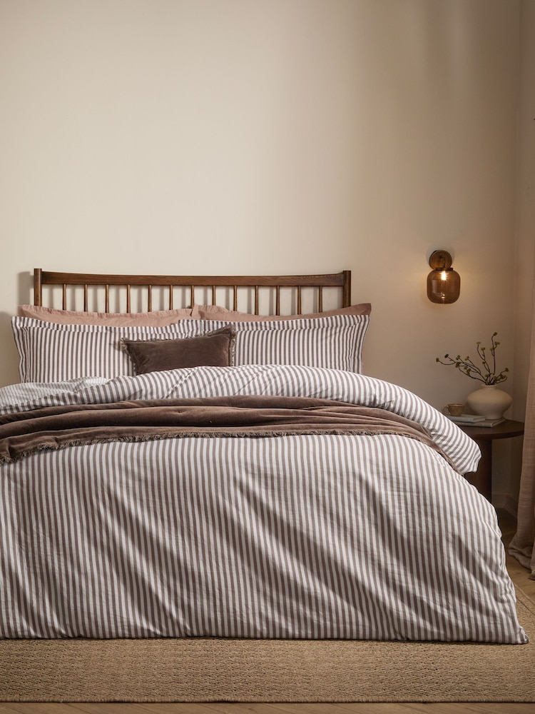 Yard Espresso Brown Hebden Striped Cotton Reversible Duvet Cover and Pillowcase Set - Image 1 of 4