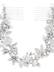 Jon Richard Silver Silver Plated Clara Brushed Leaves Fresh Water Pearl And Crystal Double Comb - Gift - Image 1 of 5