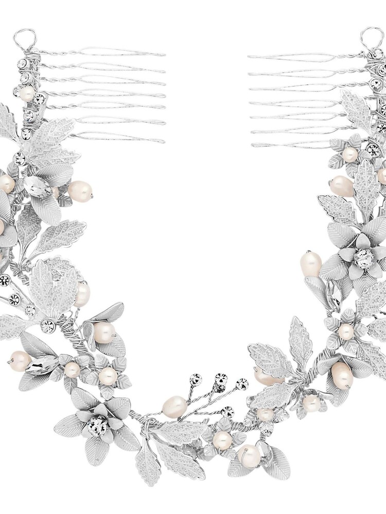 Jon Richard Silver Silver Plated Clara Brushed Leaves Fresh Water Pearl And Crystal Double Comb - Gift - Image 1 of 5 Jon Richard Silver Silver Plated Clara Brushed Leaves Fresh Water Pearl And Crystal Double Comb - Gift - Image 1 of 5