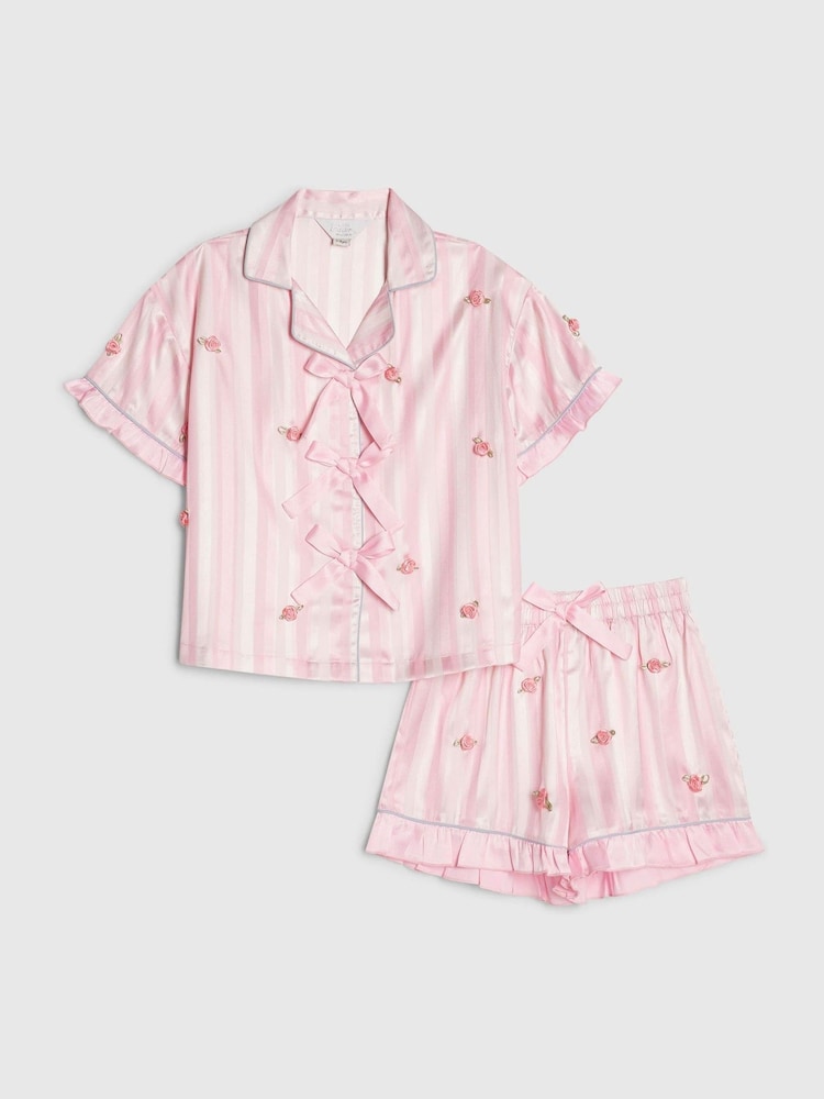 River Island Pink Rosebud Stripe Satin Pyjamas - Image 1 of 5