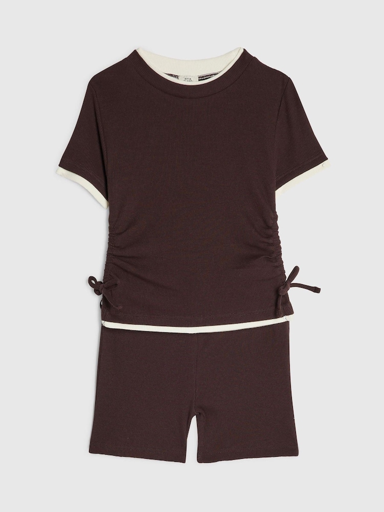 River Island Brown Ruched Top & Shorts Set - Image 1 of 5