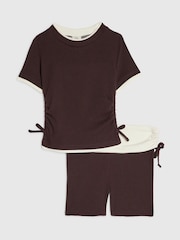 River Island Brown Ruched Top & Shorts Set - Image 2 of 5