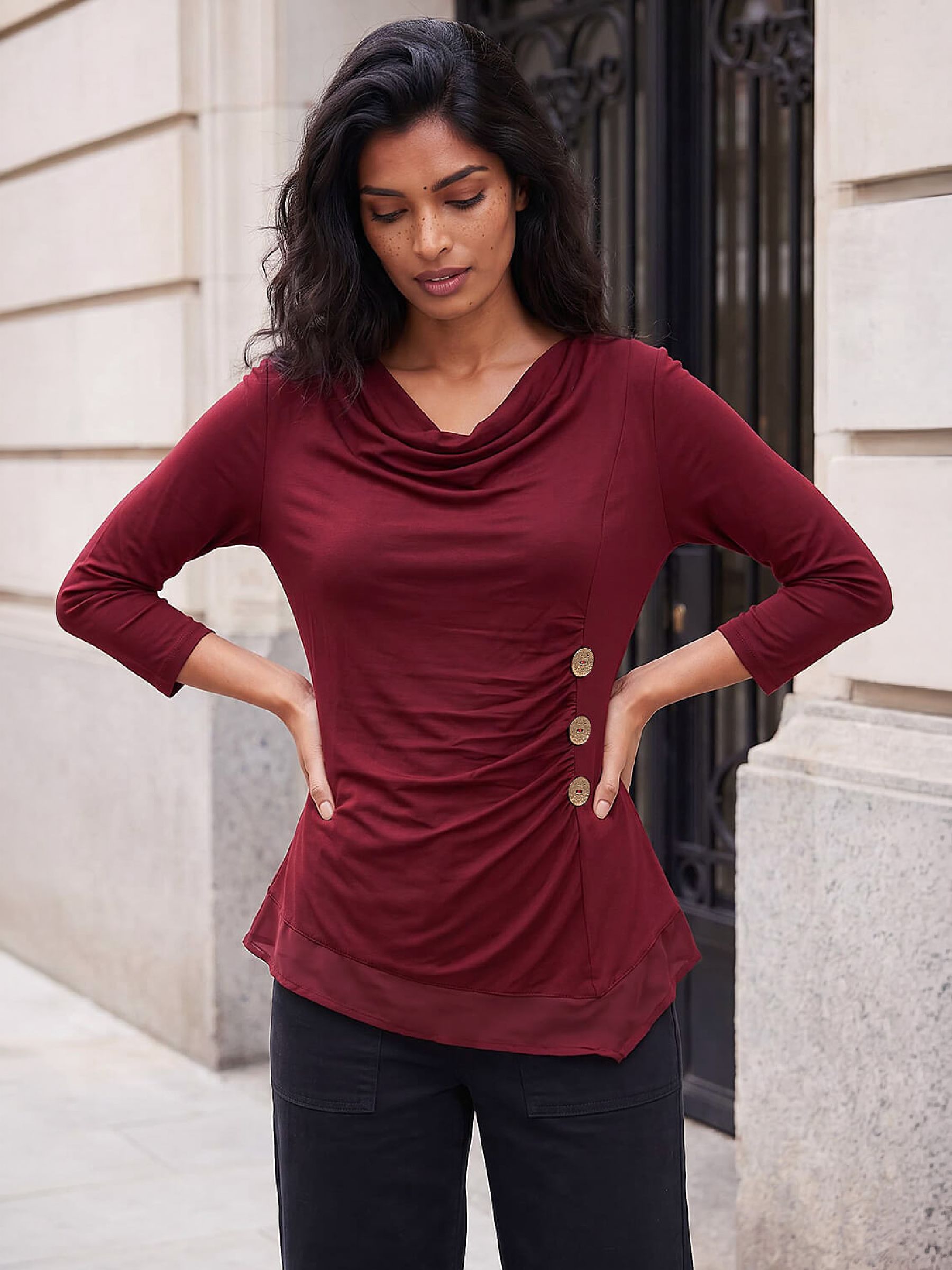 Roman Women's Burgundy Button Detail Chiffon Hem Top In Size 18 - Image 2