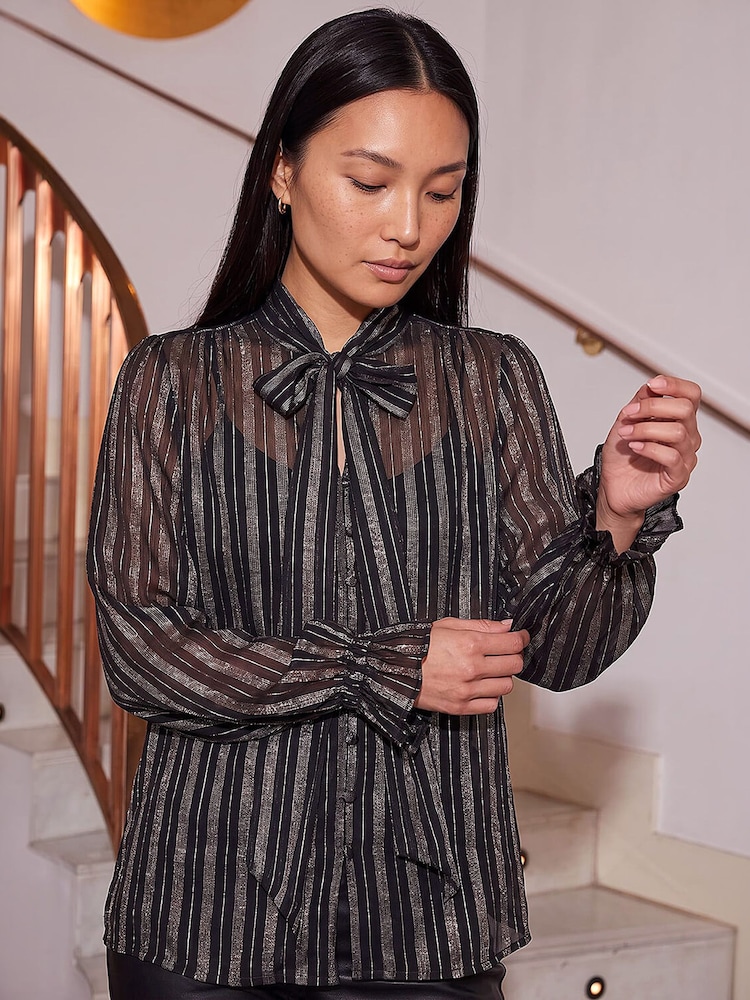 Roman Black Metallic Stripe Shirt - Image 1 of 4 Roman Black Metallic Stripe Shirt - Image 1 of 4