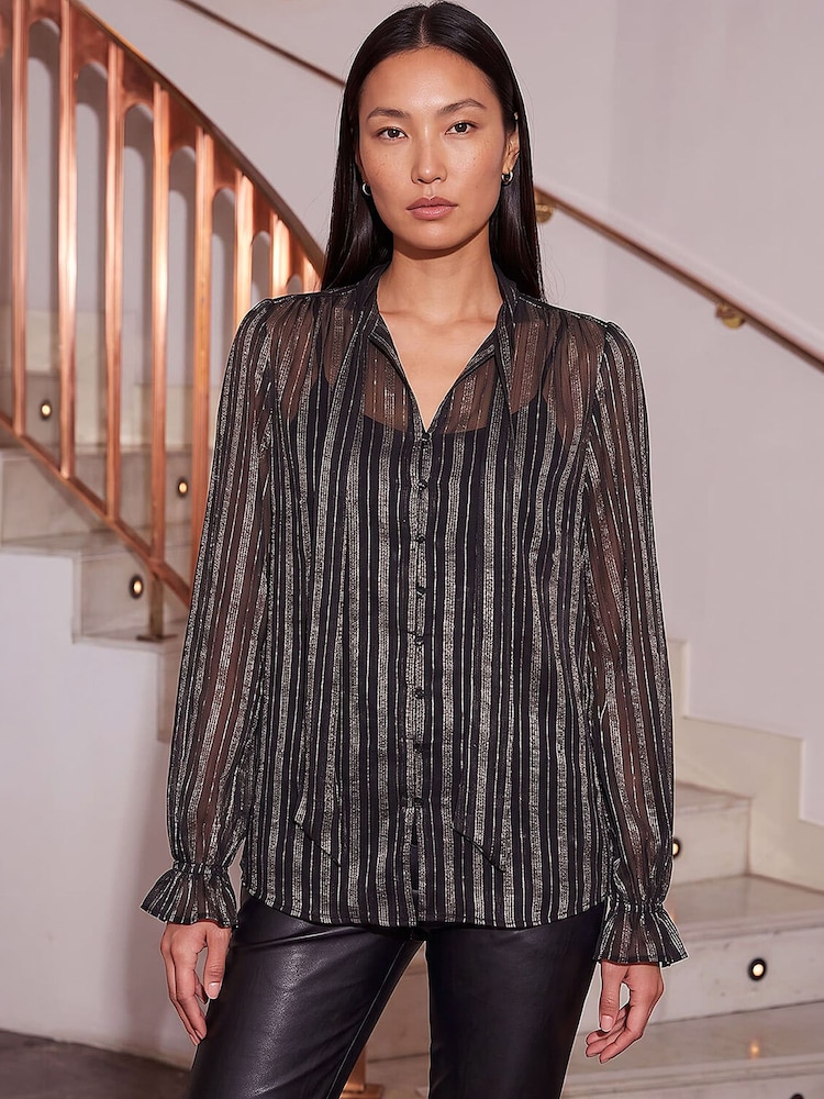 Roman Black Metallic Stripe Shirt - Image 2 of 4 Roman Black Metallic Stripe Shirt - Image 2 of 4