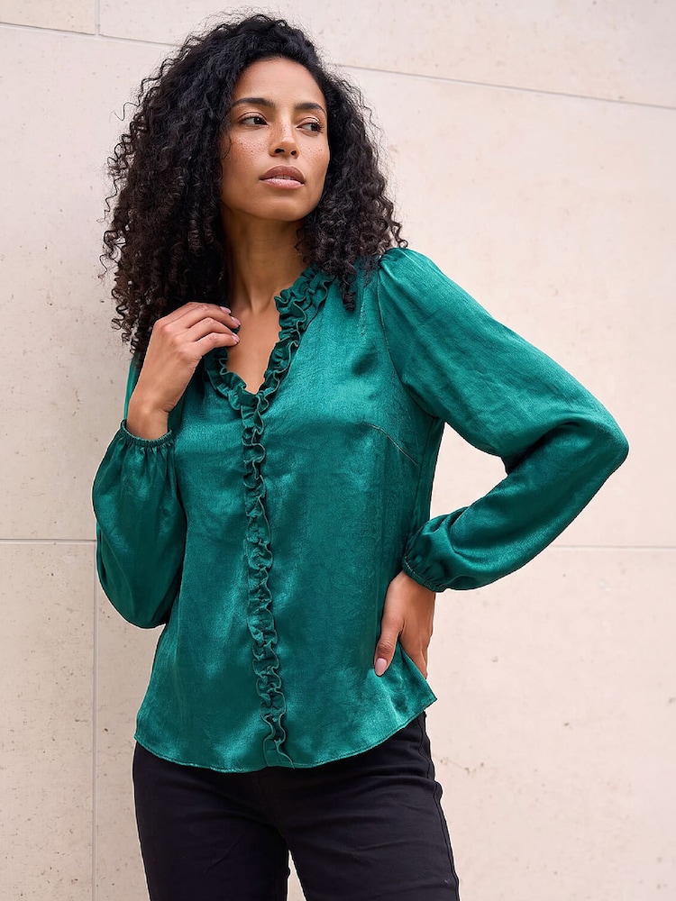 Жасыл - Roman Crinkle Satin Frill V-Neck Top - 4суретінің 1 суреті