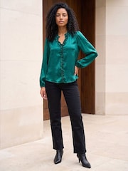 Жасыл - Roman Crinkle Satin Frill V-Neck Top - 4суретінің 2 суреті