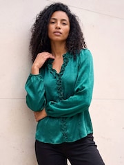 Жасыл - Roman Crinkle Satin Frill V-Neck Top - 4суретінің 3 суреті