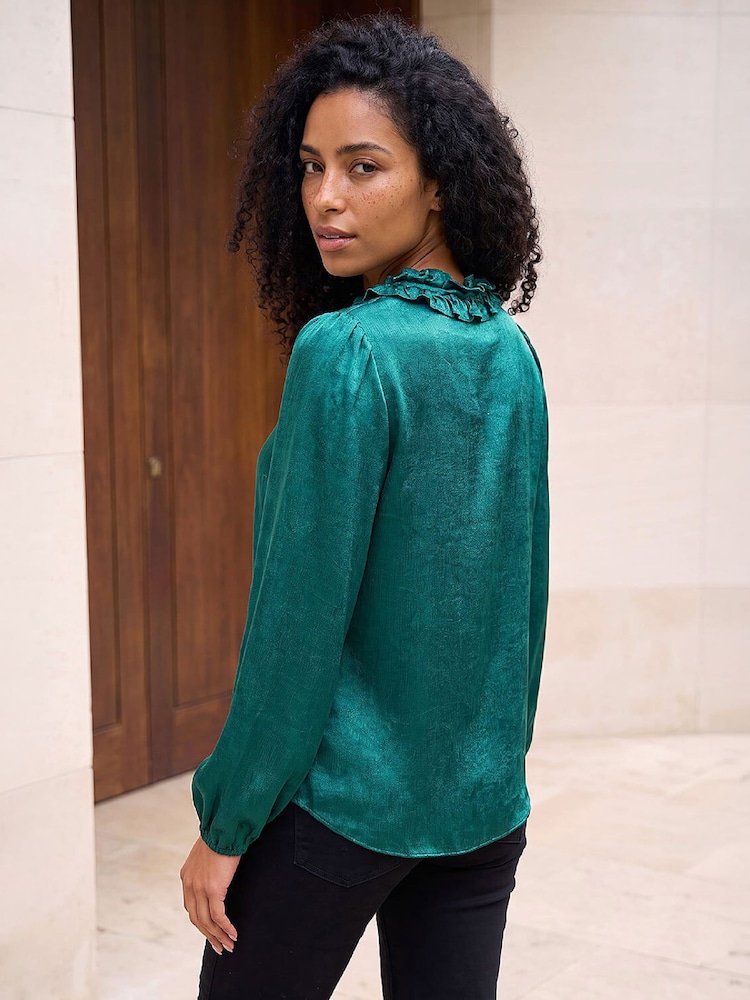 Жасыл - Roman Crinkle Satin Frill V-Neck Top - 4суретінің 4 суреті