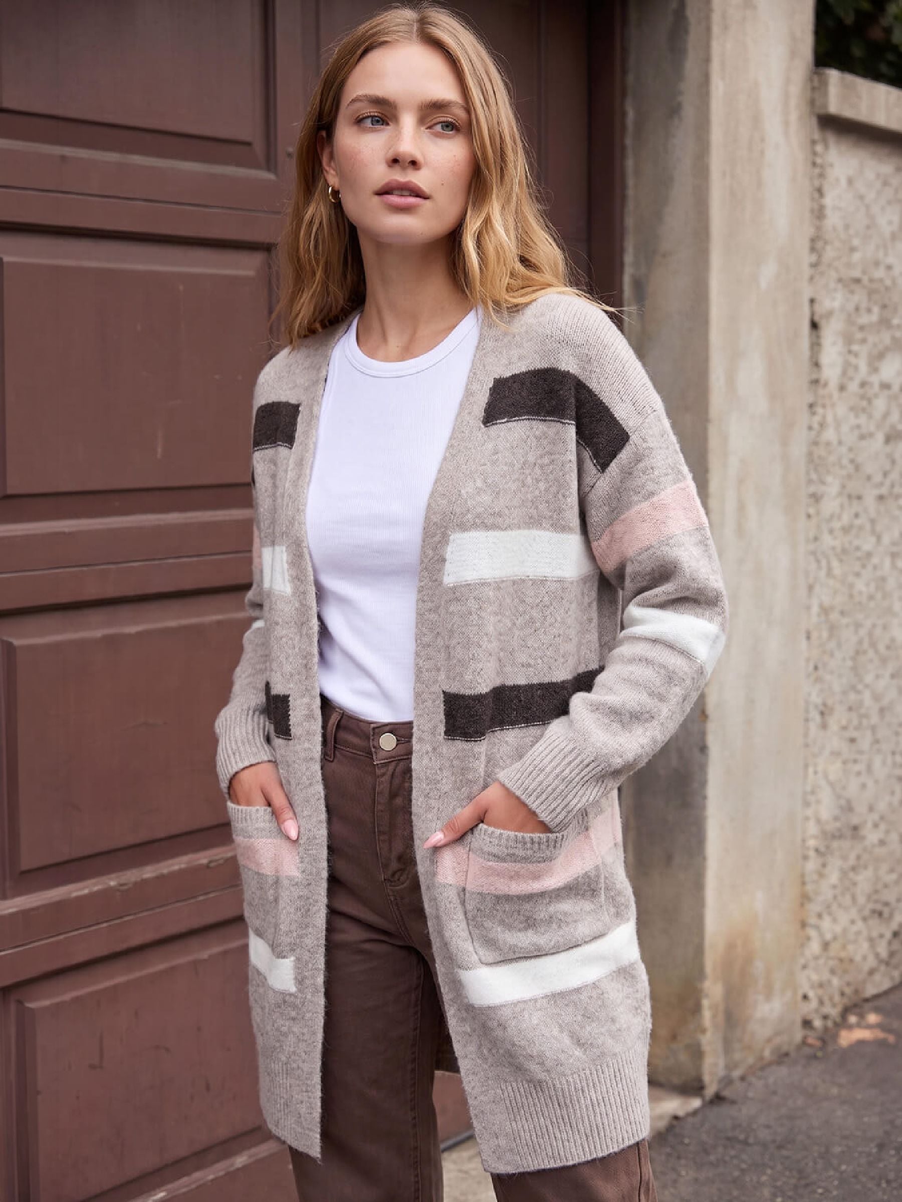 Roman Women's Beige Soft Knit Stripe Cardigan In Size 20 - Image 2