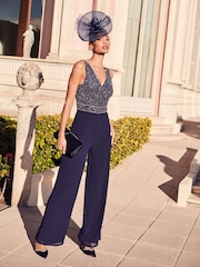 Quiz Navy Blue Sequin Chiffon Wrap Palazzo Jumpsuit - Image 1 of 5