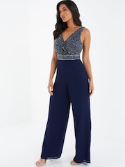Quiz Navy Blue Sequin Chiffon Wrap Palazzo Jumpsuit - Image 3 of 5