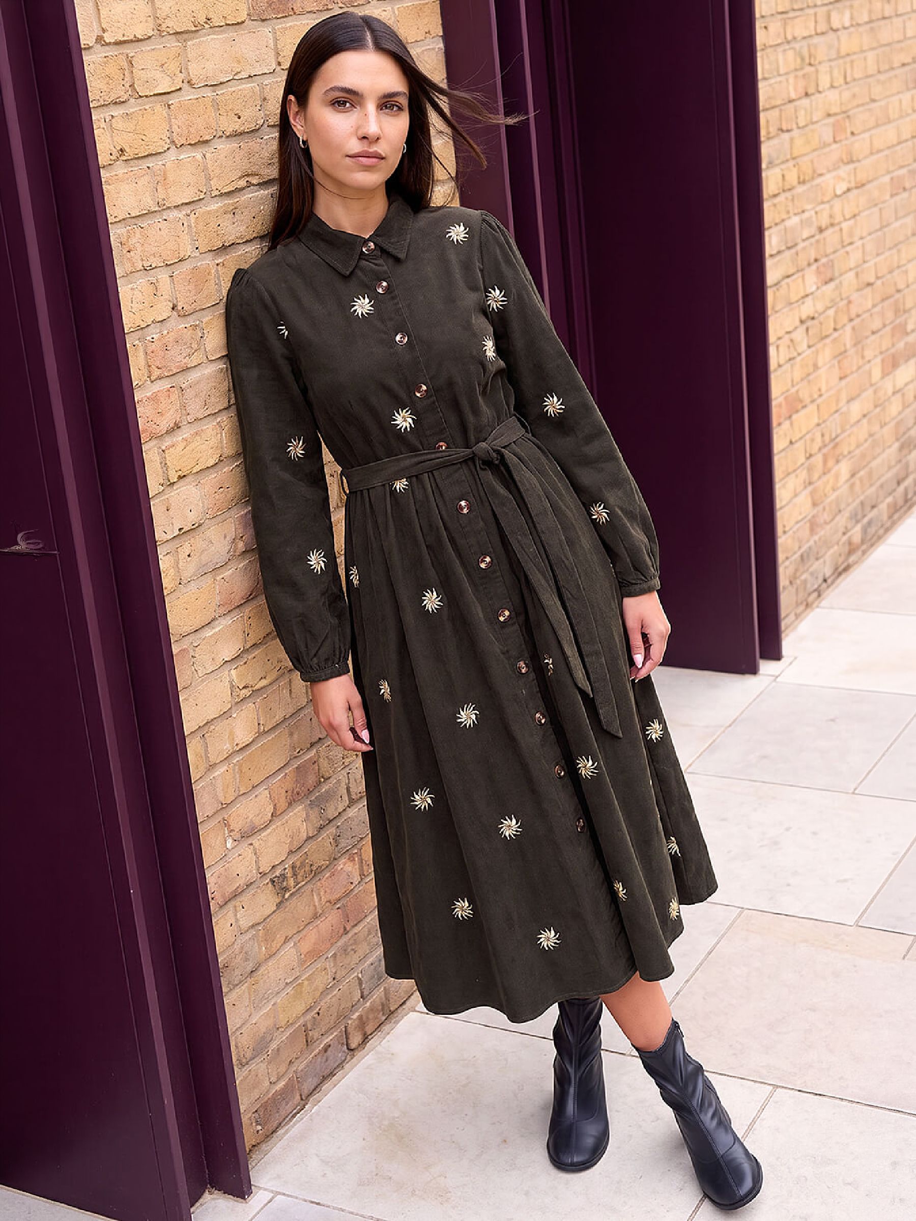 Roman Women's Olive Embroidered Cord Button Midi Dress In | Size: 20 - Image 3