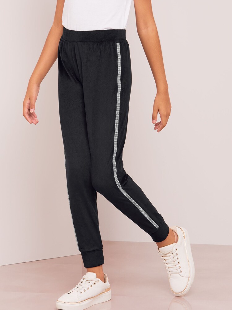 Lipsy Black Embellished Super Soft Cuffed Velour Joggers - Image 1 of 4