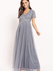 Maya Blue V Neck Short Sleeve Sequin Maxi Dress - Image 1 of 4
