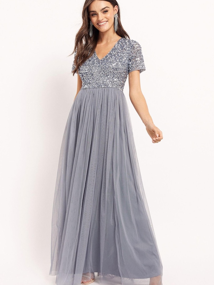 Maya Blue V Neck Short Sleeve Sequin Maxi Dress - Image 1 of 4