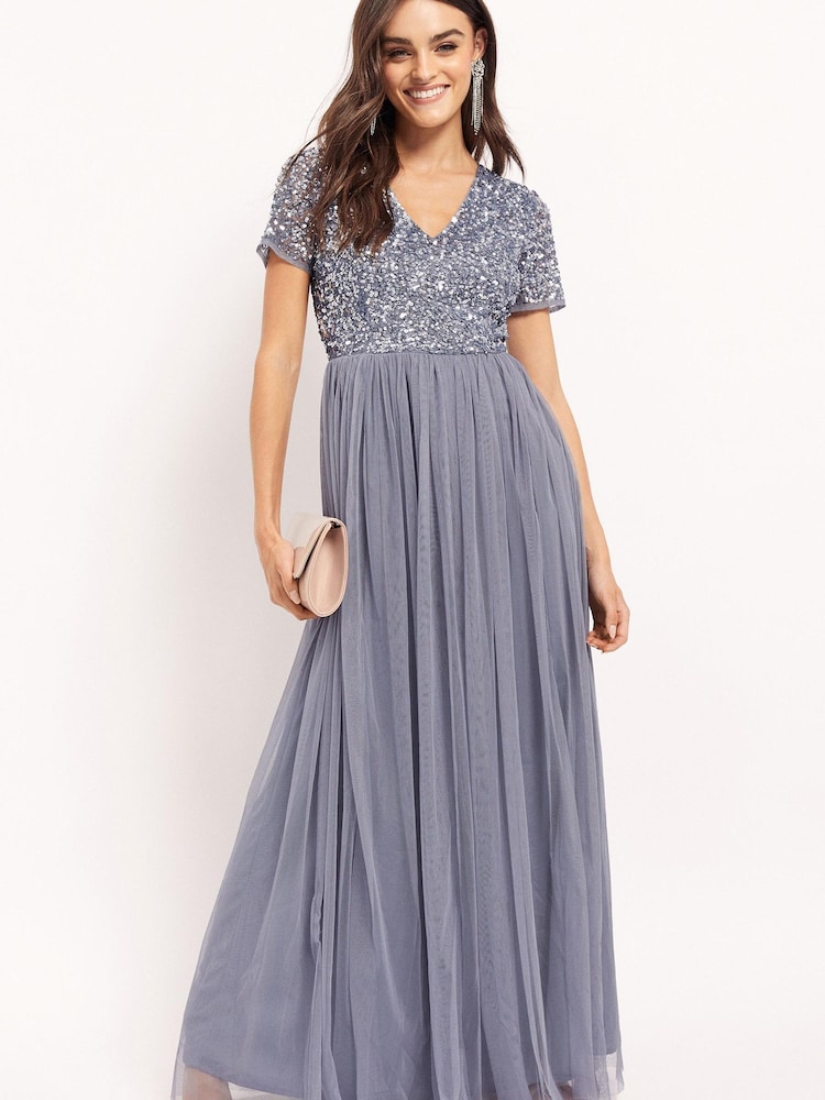 Maya Blue V Neck Short Sleeve Sequin Maxi Dress - Image 4 of 4