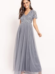 Maya Blue Petite V Neck Short Sleeve Sequin Maxi Dress - Image 1 of 4
