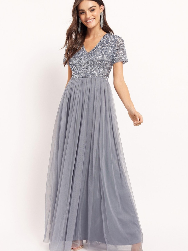 Maya Blue Petite V Neck Short Sleeve Sequin Maxi Dress - Image 1 of 4
