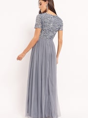 Maya Blue Petite V Neck Short Sleeve Sequin Maxi Dress - Image 2 of 4