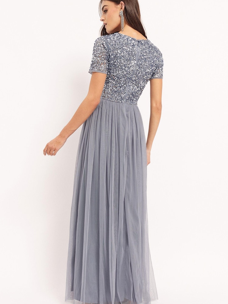 Maya Blue Petite V Neck Short Sleeve Sequin Maxi Dress - Image 2 of 4