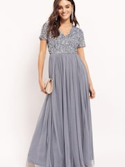 Maya Blue Petite V Neck Short Sleeve Sequin Maxi Dress - Image 3 of 4