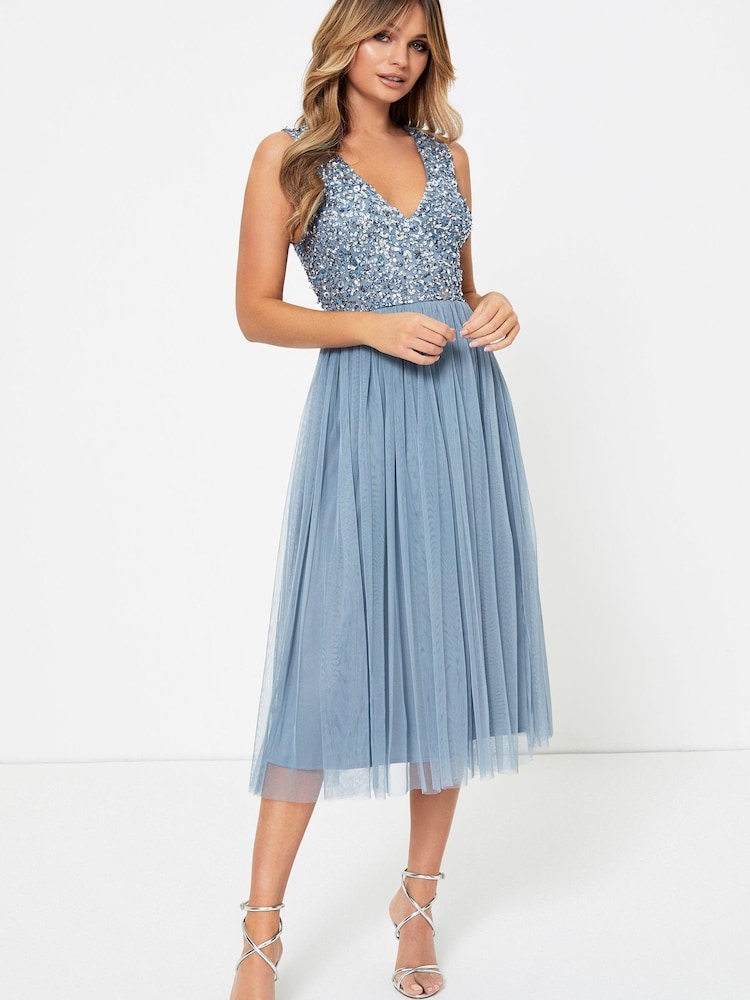 Maya Blue Petite V Neck Sleeveless Sequin Midi Dress - Image 1 of 4 Maya Blue Petite V Neck Sleeveless Sequin Midi Dress - Image 1 of 4