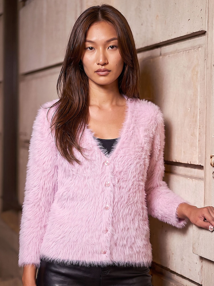 Roman Pink Fluffy Crew Neck Cardigan - Image 2 of 4 Roman Pink Fluffy Crew Neck Cardigan - Image 2 of 4