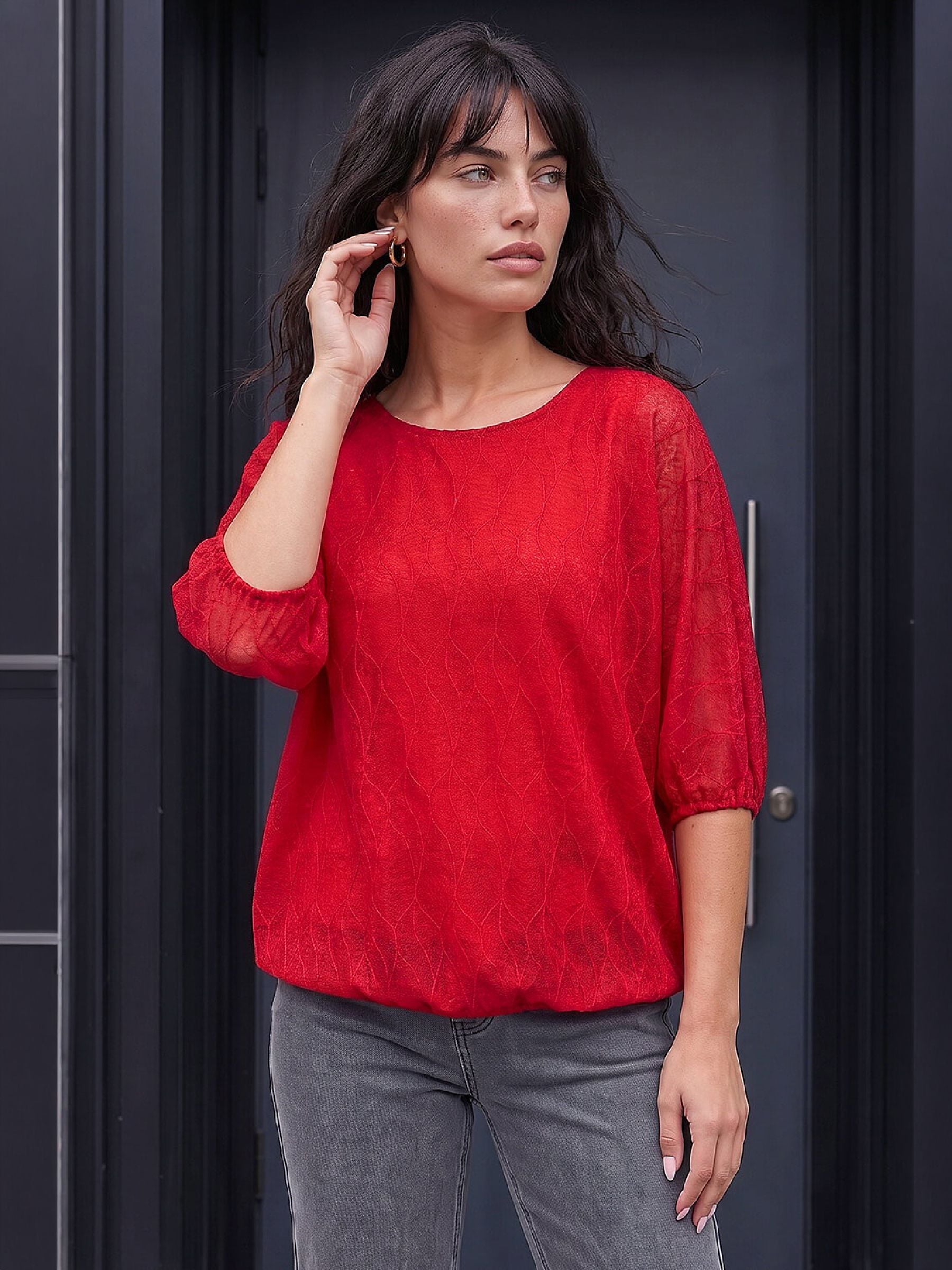 Roman Women's Red Mesh Bubble Hem Stretch Top In Size 18 - Image 7