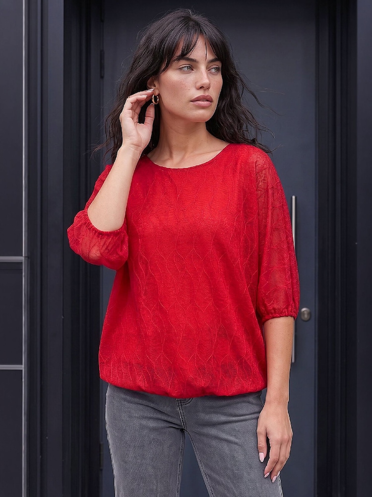 Roman Red Mesh Bubble Hem Stretch Top - Image 1 of 4