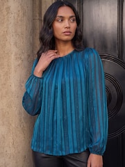 Roman Satin Stripe Long Sleeve Top - 4суретінің 1 суреті