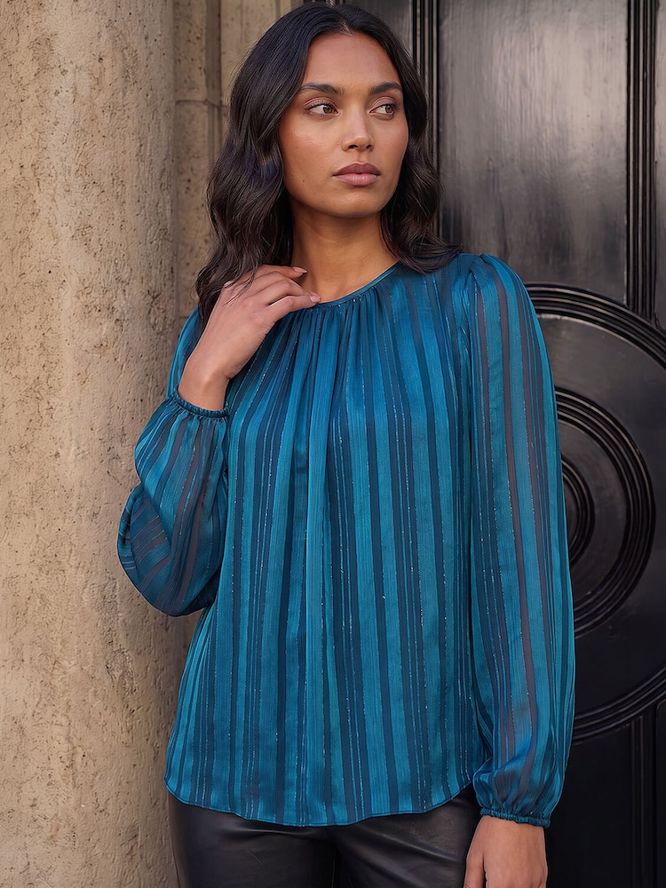 Roman Satin Stripe Long Sleeve Top - 4суретінің 1 суреті
