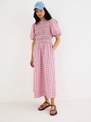 Oliver Bonas Pink Checked Shirred Bodice Midi Dress - Image 1 of 7
