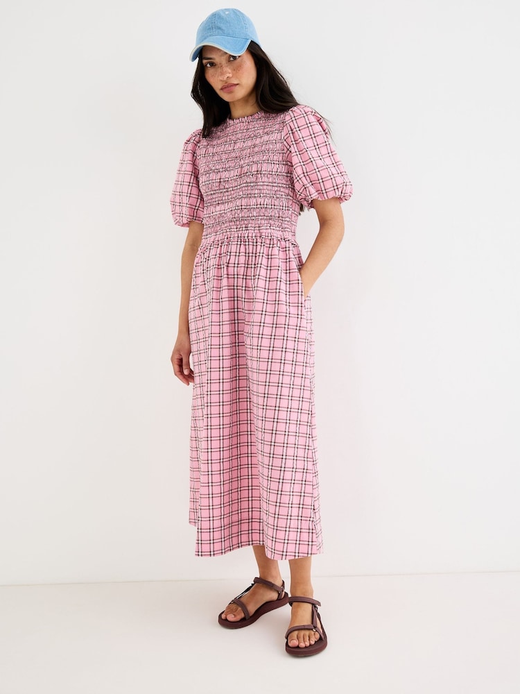 Oliver Bonas Pink Checked Shirred Bodice Midi Dress - Image 1 of 7