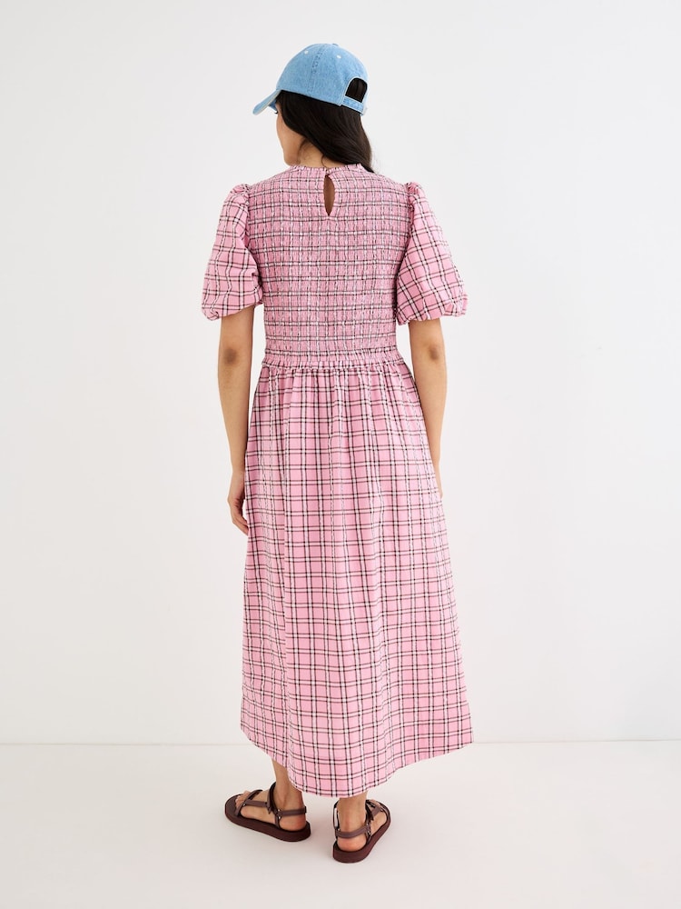 Oliver Bonas Pink Checked Shirred Bodice Midi Dress - Image 2 of 7