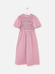 Oliver Bonas Pink Checked Shirred Bodice Midi Dress - Image 3 of 7