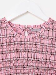 Oliver Bonas Pink Checked Shirred Bodice Midi Dress - Image 5 of 7