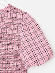 Oliver Bonas Pink Checked Shirred Bodice Midi Dress - Image 6 of 7