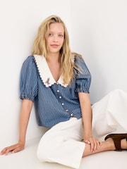 Oliver Bonas Blue Striped Scalloped Collar Blouse - Image 1 of 7
