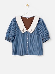 Oliver Bonas Blue Striped Scalloped Collar Blouse - Image 3 of 7