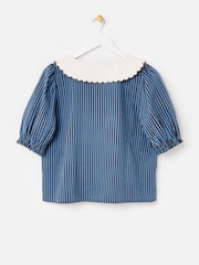 Oliver Bonas Blue Striped Scalloped Collar Blouse - Image 4 of 7