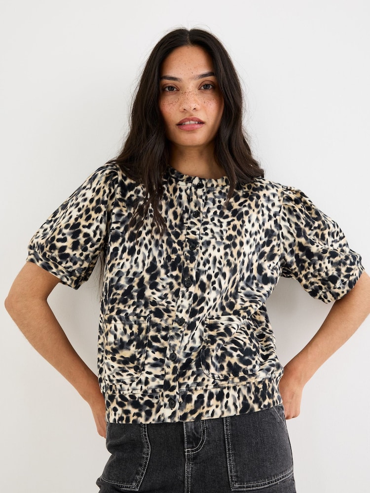 Oliver Bonas Brown Leopard Print Button Up Short Sleeve Sweatshirt - Image 1 of 7