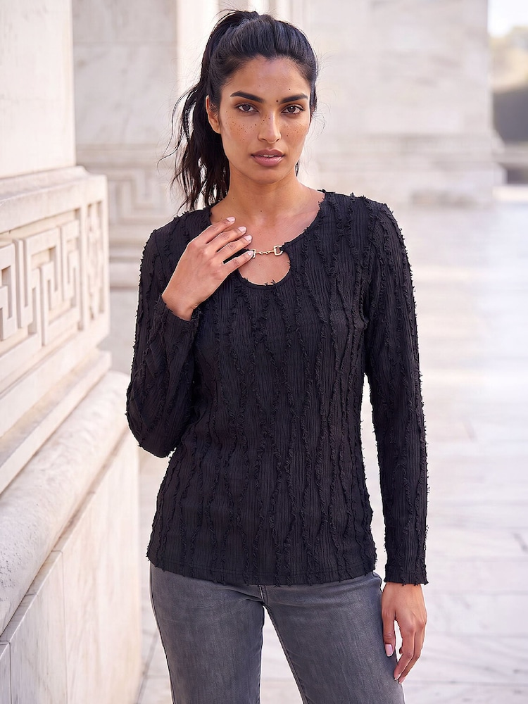 Roman Black Horsebit Trim Textured Top - Image 1 of 4 Roman Black Horsebit Trim Textured Top - Image 1 of 4