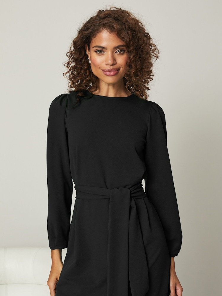 Lipsy Black Long Sleeve Round Neck Tie Waist Shift Dress - Image 1 of 4