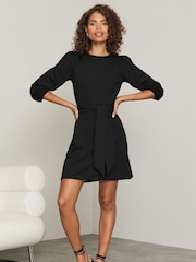 Lipsy Black Long Sleeve Round Neck Tie Waist Shift Dress - Image 3 of 4
