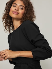 Lipsy Black Long Sleeve Round Neck Tie Waist Shift Dress - Image 4 of 4