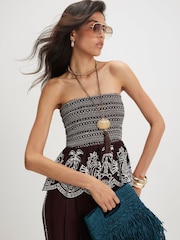 River Island Brown Bandeau Embroidered Hem Shirred Top - Image 1 of 4