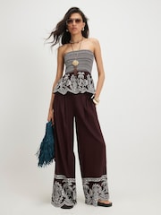 River Island Brown Bandeau Embroidered Hem Shirred Top - Image 3 of 4