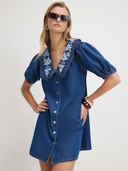 River Island Blue Short Sleeve Embroidered Collared Mini Shirt Dress - Image 1 of 4
