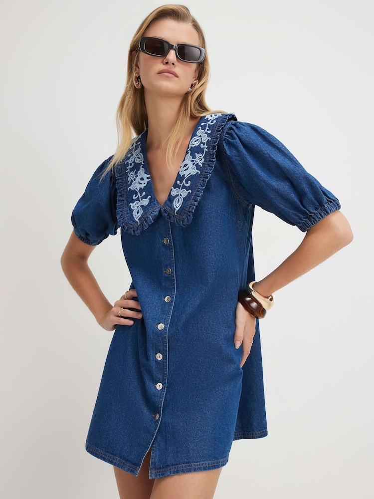 River Island Blue Short Sleeve Embroidered Collared Mini Shirt Dress - Image 1 of 4